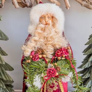 Vintage Burgundy/Gold Santa Claus Tabletop/Treetop Christmas Decor w Garland 16”